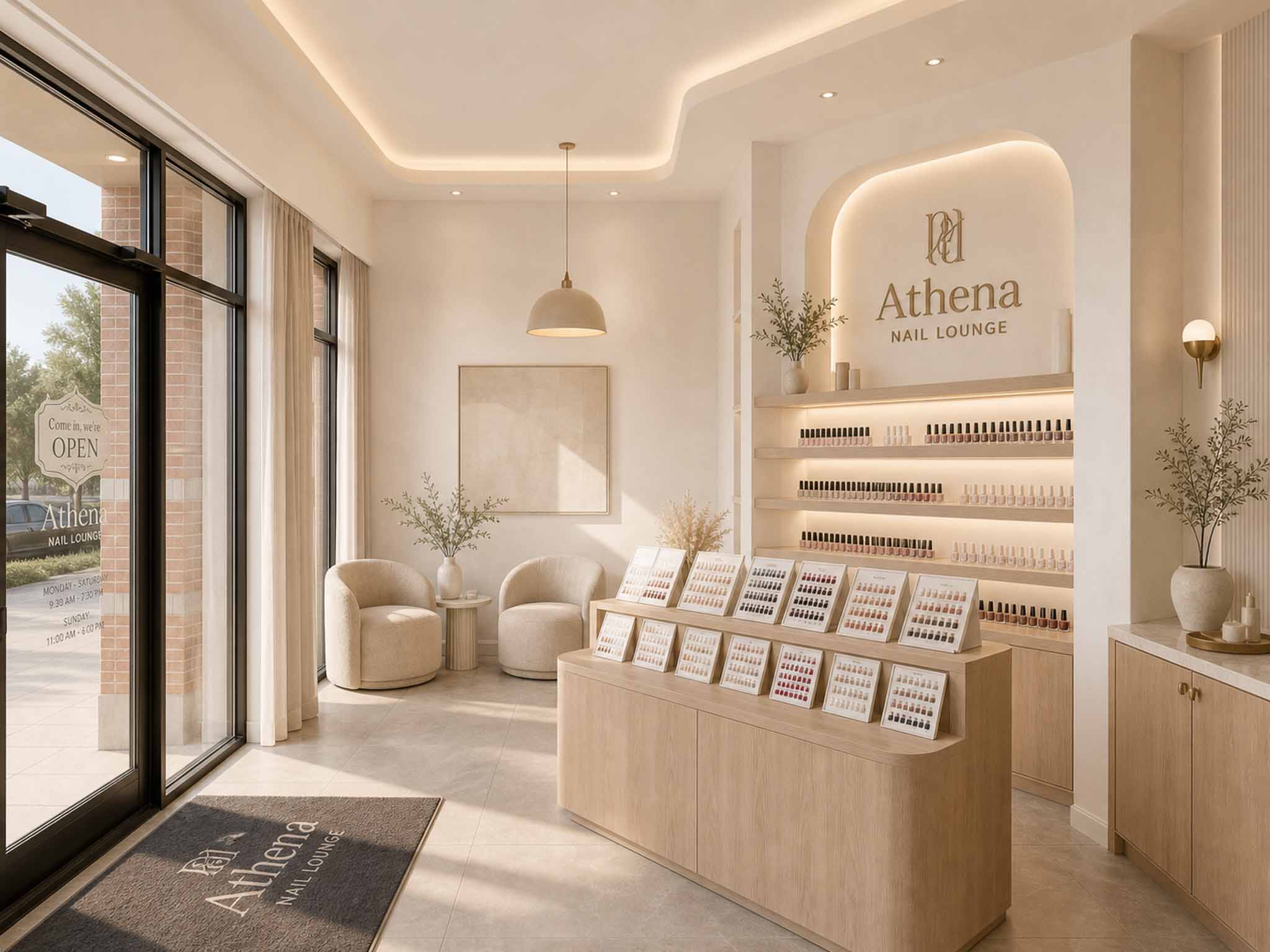 Entry display and merchandising rendered in Athena's clean-luxury style