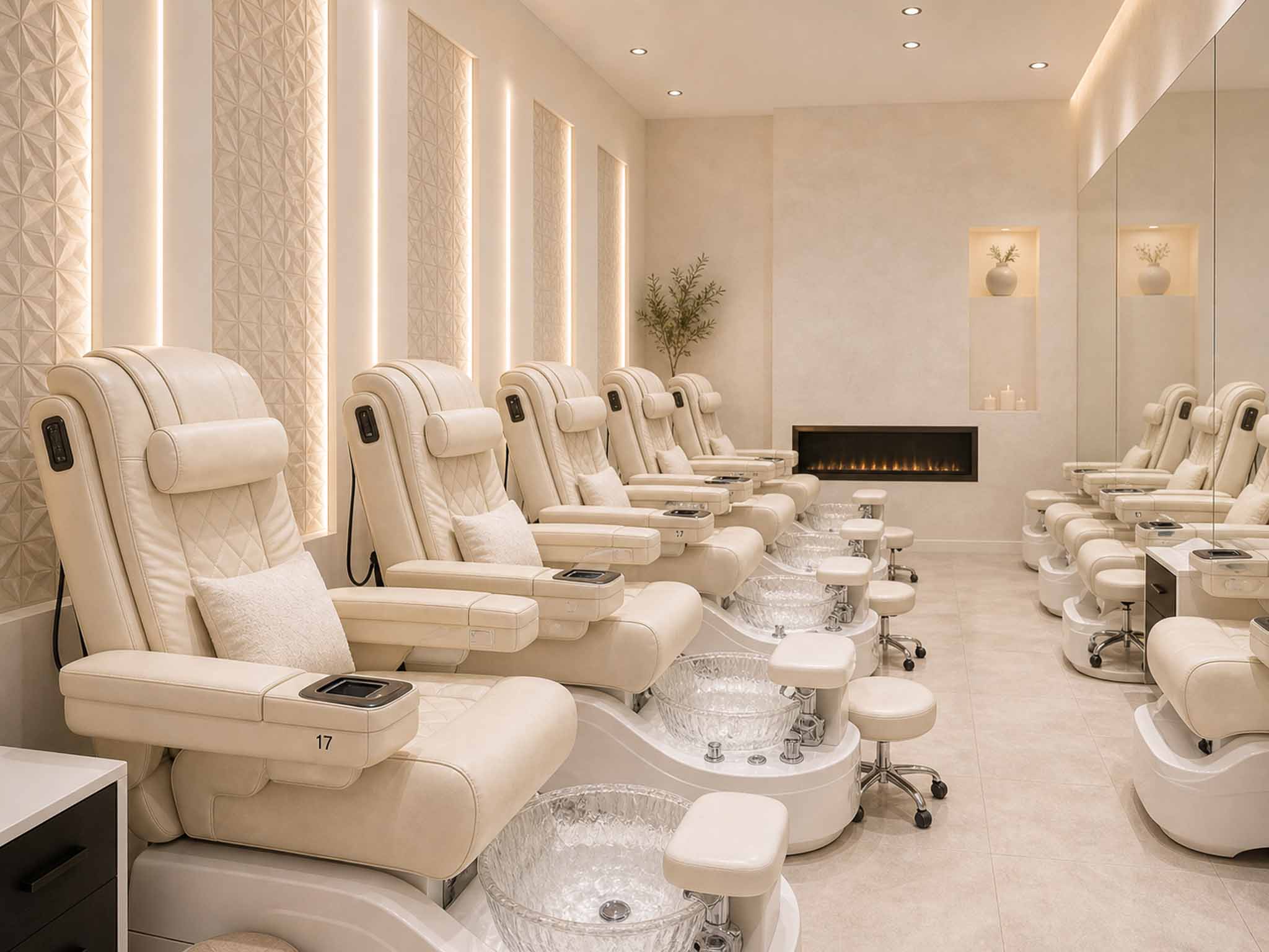 Side view of pedicure chairs rendered in Athena's clean-luxury style