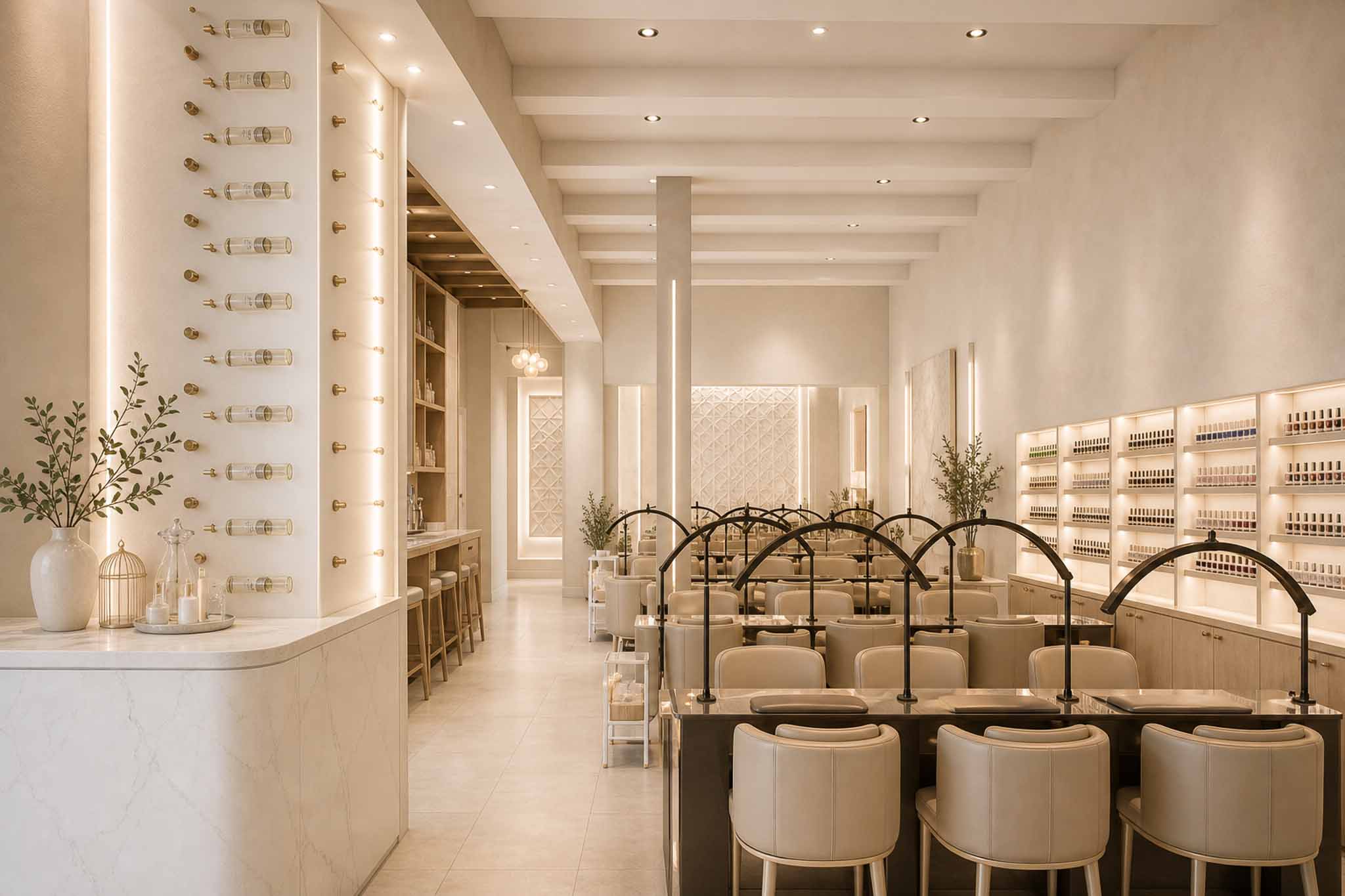 Athena salon floor with clean lines, layered textures, and an airy open layout